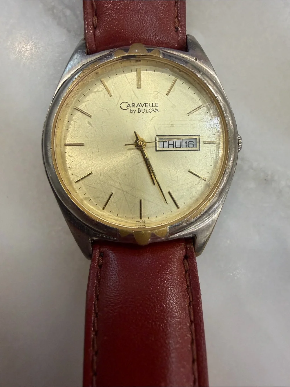 Caravelle Men’s Red Leather Strap Watch with Gold Dial